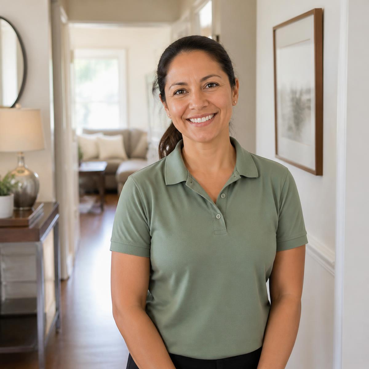 A friendly NLMaids cleaner smiling, ready to help a family
